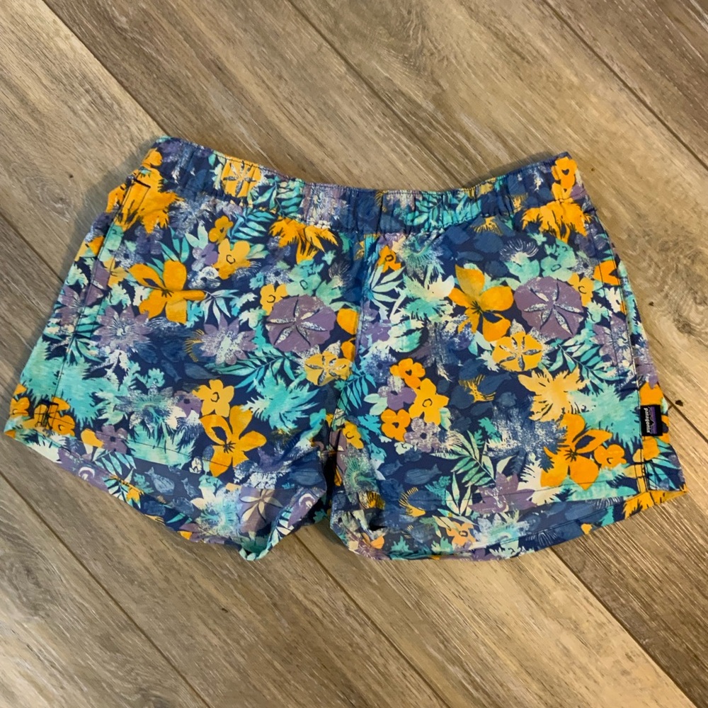 Patagonia Women's Floral Athletic Shorts - Blue and Orange